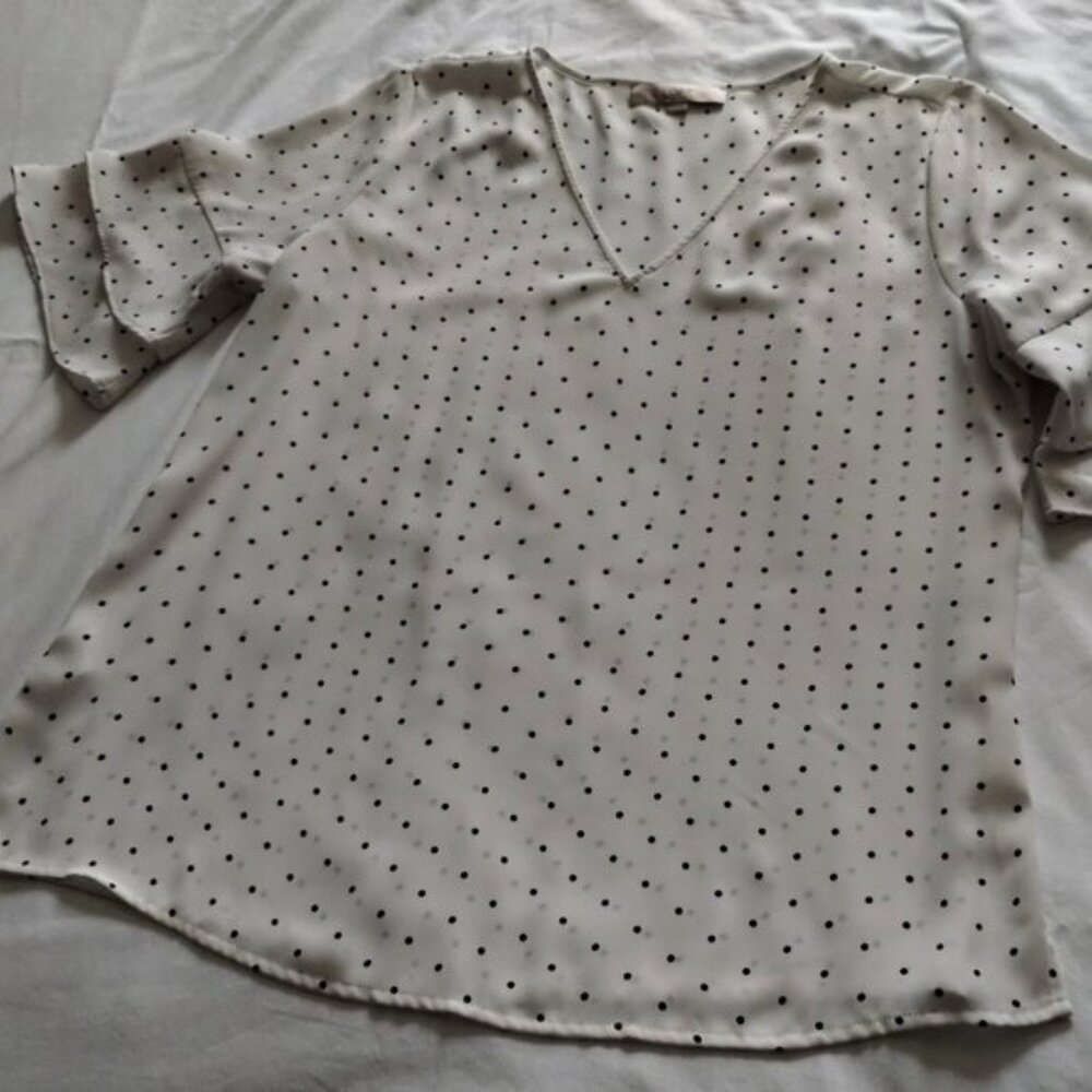 ANN TAYLOR LOFT White & Black Short Sleeve POLKA DOT BLOUSE Sz MEDIUM